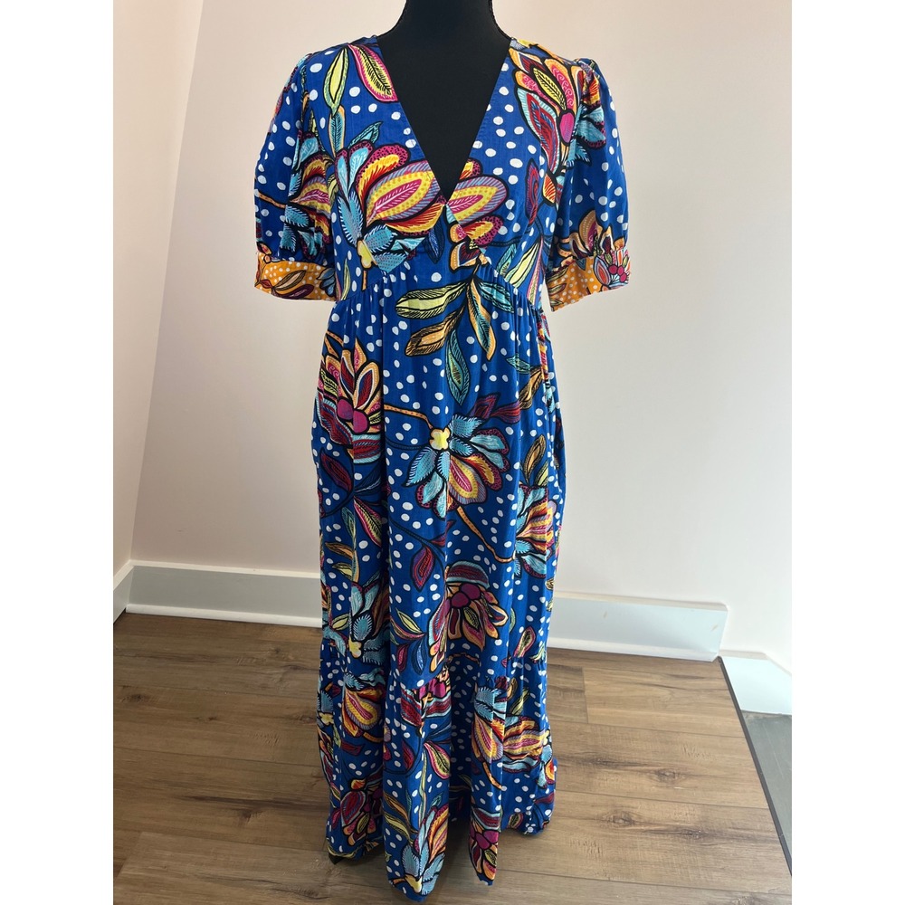 Tabitha Brown for Target Blue Floral Polka Dot Cotton Maxi Dress V-Neck Size 8